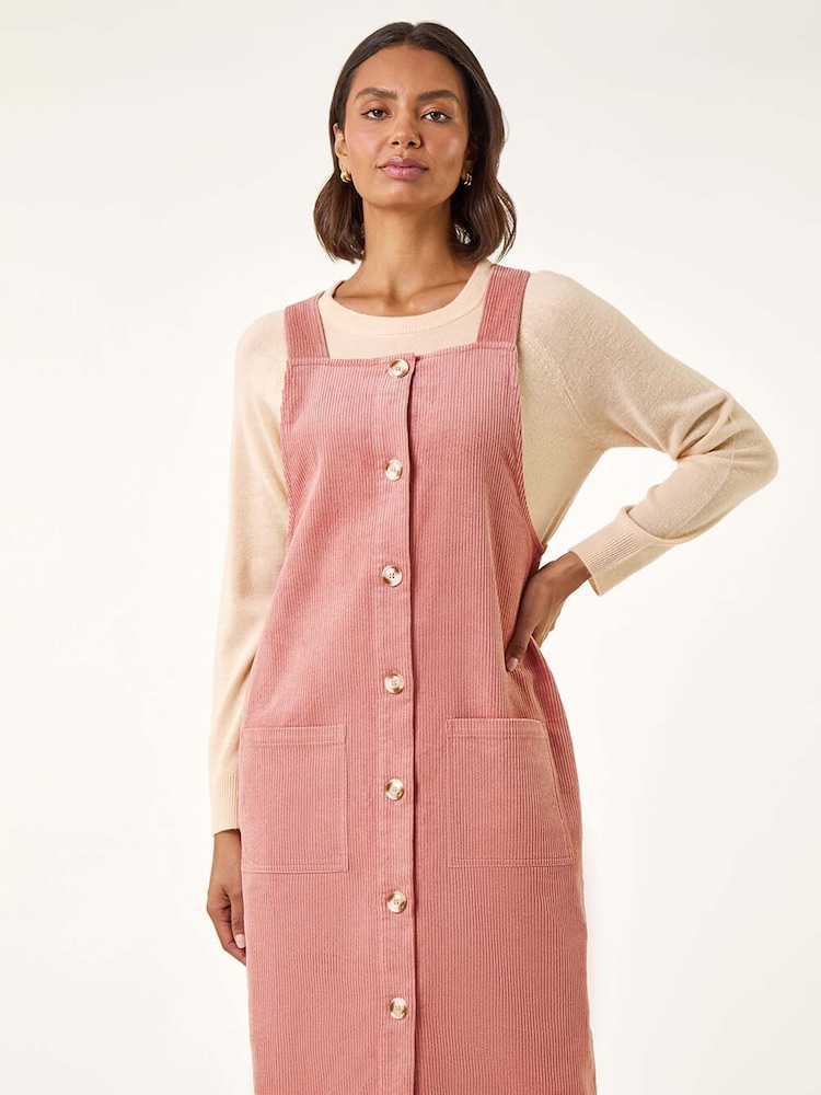 Roman Pink Corduroy Pinafore Midi Dress - Image 1 of 5 Roman Pink Corduroy Pinafore Midi Dress - Image 1 of 5