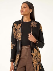 Roman Black Contrast Floral Print Cardigan - Image 1 of 5