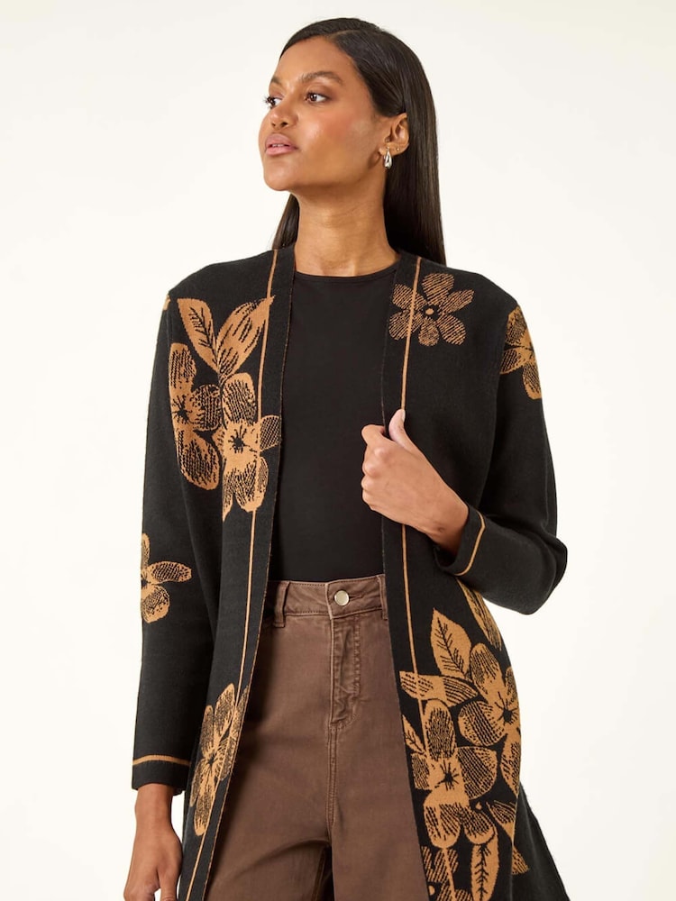 Roman Black Contrast Floral Print Cardigan - Image 1 of 5 Roman Black Contrast Floral Print Cardigan - Image 1 of 5