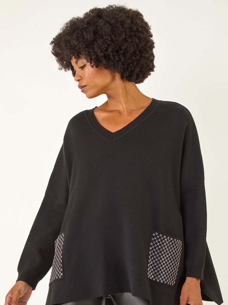 Roman Black Hotfix Pocket Knit Jumper - Image 1 of 5 Roman Black Hotfix Pocket Knit Jumper - Image 1 of 5