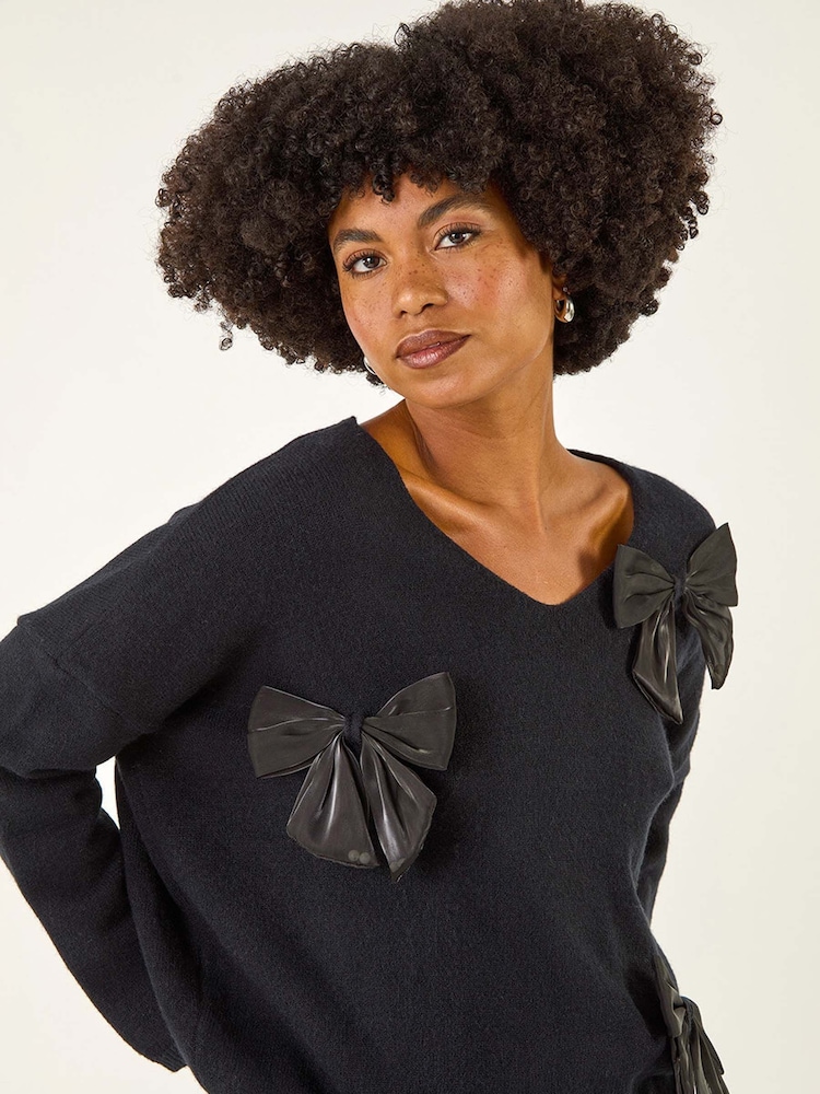 Roman Black Bow Embellished V-Neck Knit Jumper - Image 1 of 5 Roman Black Bow Embellished V-Neck Knit Jumper - Image 1 of 5
