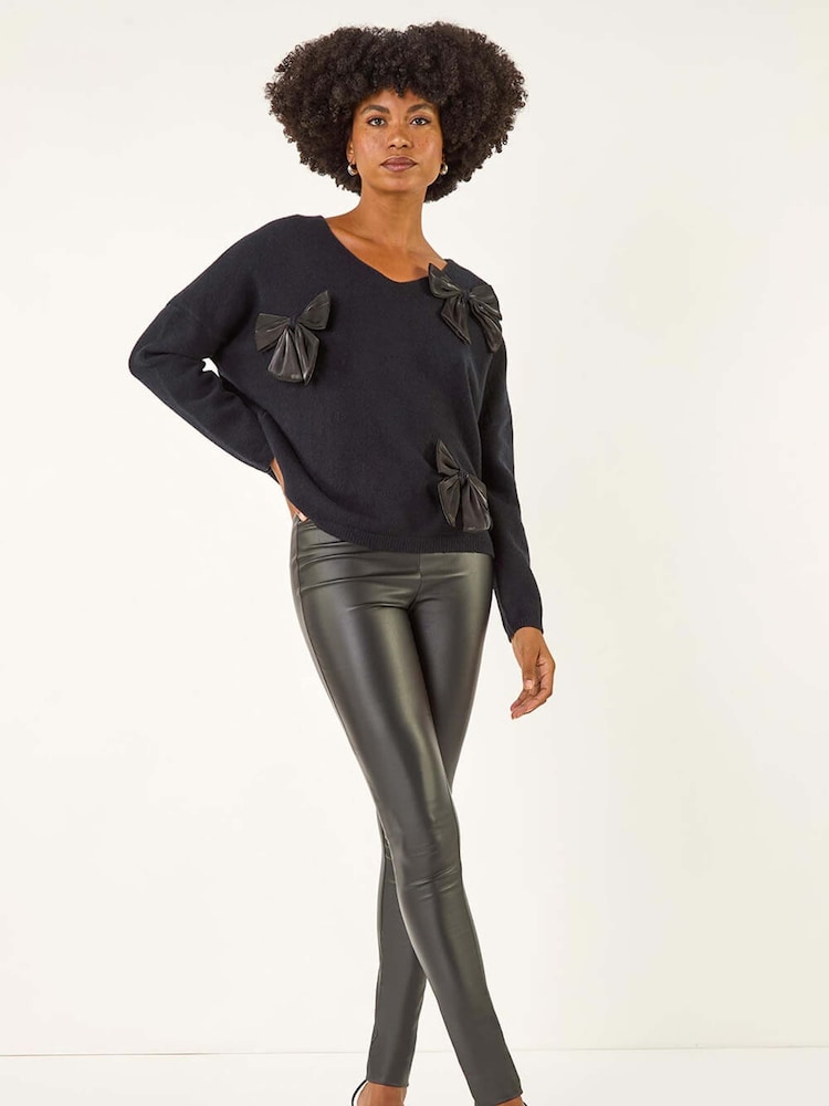Roman Black Bow Embellished V-Neck Knit Jumper - Image 2 of 5 Roman Black Bow Embellished V-Neck Knit Jumper - Image 2 of 5