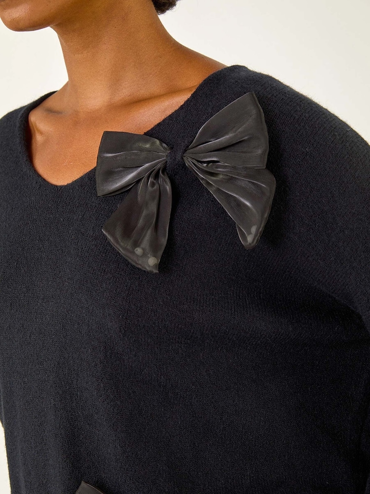 Roman Black Bow Embellished V-Neck Knit Jumper - Image 5 of 5 Roman Black Bow Embellished V-Neck Knit Jumper - Image 5 of 5