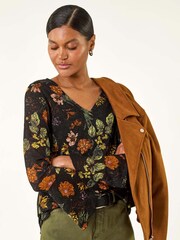 Roman Black Floral Print V-Neck T-Shirt - Image 1 of 5