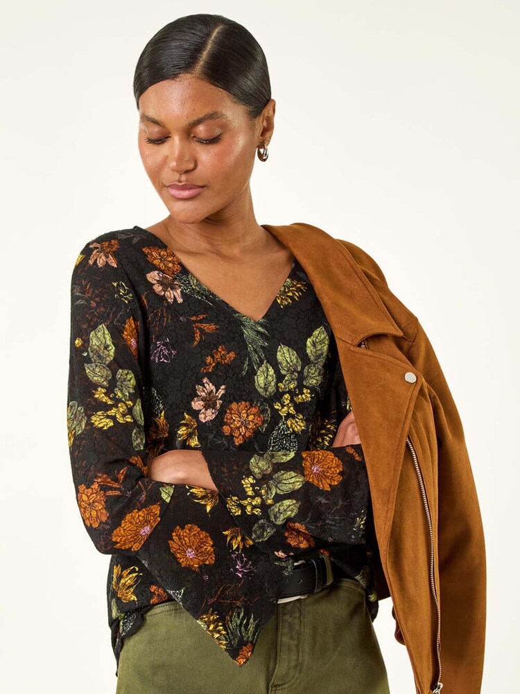 Roman Black Floral Print V-Neck T-Shirt - Image 1 of 5