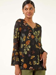Roman Black Floral Print V-Neck T-Shirt - Image 2 of 5