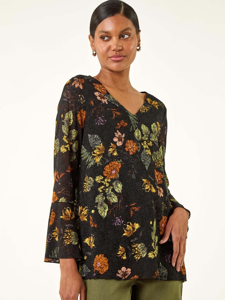 Roman Black Floral Print V-Neck T-Shirt - Image 2 of 5