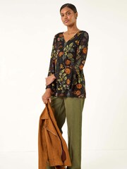 Roman Black Floral Print V-Neck T-Shirt - Image 3 of 5