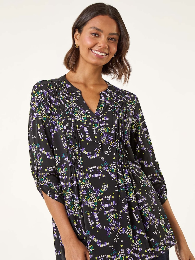 Roman Green Abstract Print Pintuck Stretch Blouse - Image 1 of 5 Roman Green Abstract Print Pintuck Stretch Blouse - Image 1 of 5