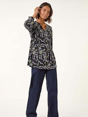 Roman Green Abstract Print Pintuck Stretch Blouse - Image 2 of 5