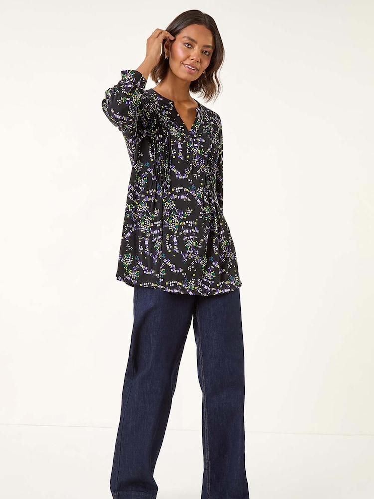 Roman Green Abstract Print Pintuck Stretch Blouse - Image 2 of 5