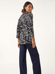Roman Green Abstract Print Pintuck Stretch Blouse - Image 3 of 5