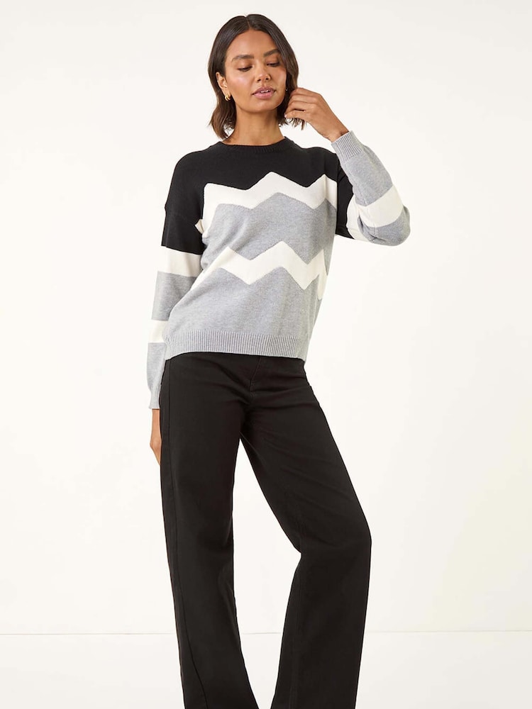 Roman Grey Colour Block Zig Zag Knit Jumper - Image 1 of 5