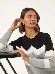 Roman Grey Colour Block Zig Zag Knit Jumper - Image 2 of 5