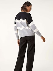 Roman Grey Colour Block Zig Zag Knit Jumper - Image 3 of 5