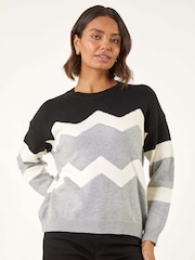 Roman Grey Colour Block Zig Zag Knit Jumper - Image 4 of 5
