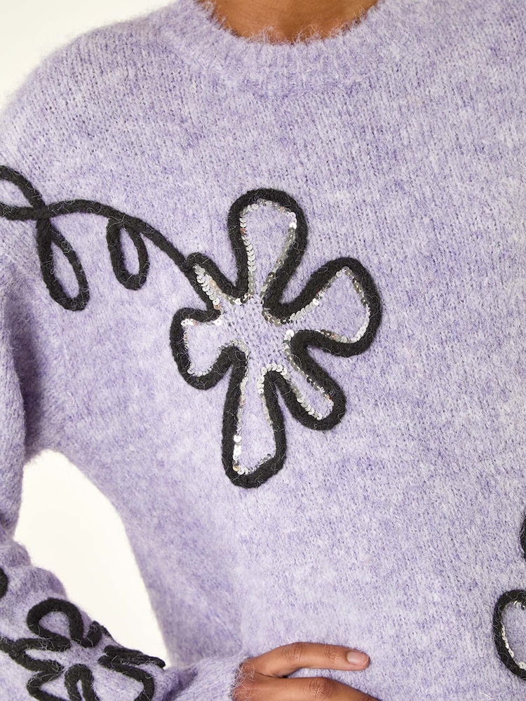 Roman Purple Sequin Floral Knit Jumper - Image 1 of 5
