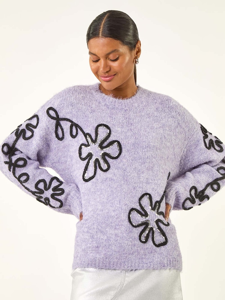 Roman Purple Sequin Floral Knit Jumper - Image 2 of 5