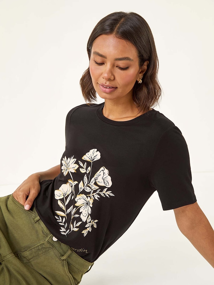 Roman Black Floral Placement Short Sleeve T-Shirt - Image 1 of 5 Roman Black Floral Placement Short Sleeve T-Shirt - Image 1 of 5