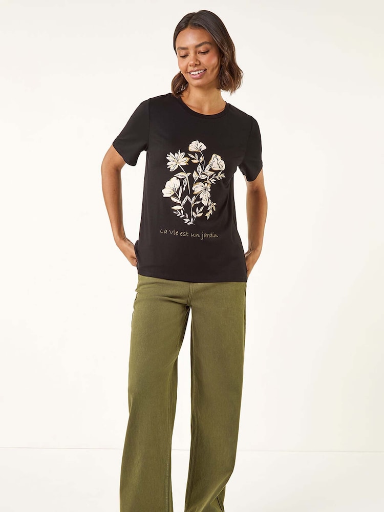 Roman Black Floral Placement Short Sleeve T-Shirt - Image 2 of 5 Roman Black Floral Placement Short Sleeve T-Shirt - Image 2 of 5