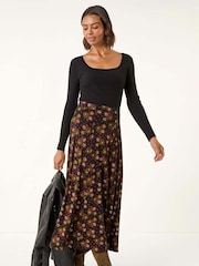 Roman Brown Floral Print Stretch Midi Skirt - Image 2 of 5