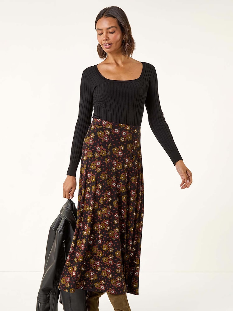 Roman Brown Floral Print Stretch Midi Skirt - Image 2 of 5