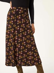 Roman Brown Floral Print Stretch Midi Skirt - Image 4 of 5