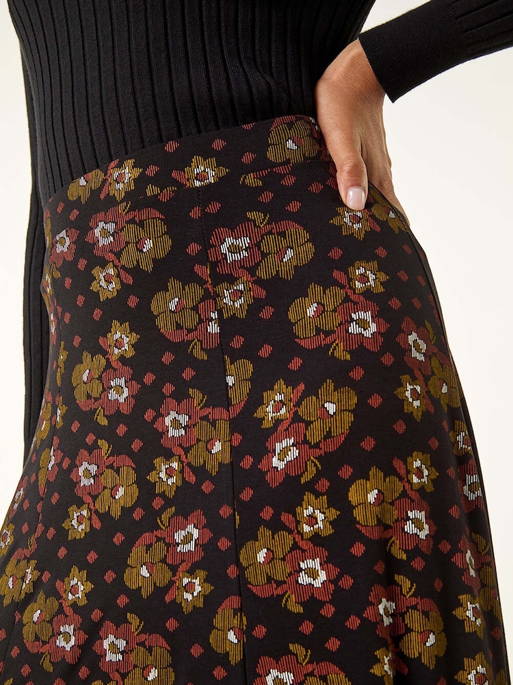 Roman Brown Floral Print Stretch Midi Skirt - Image 5 of 5
