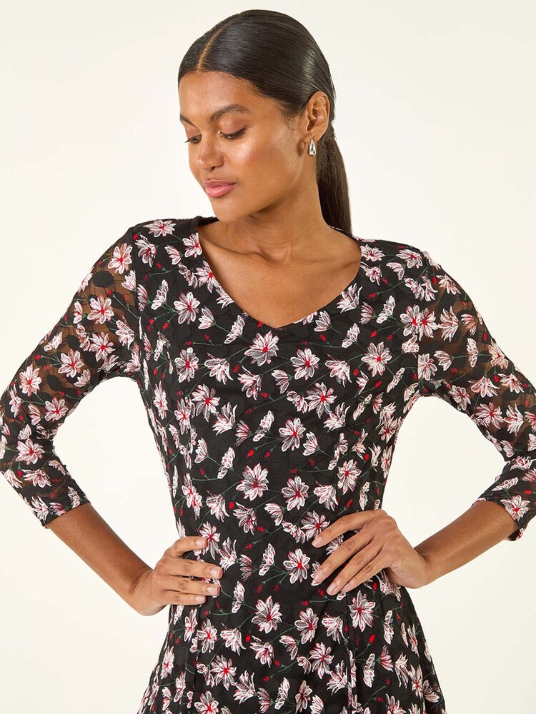 Roman Red Floral Print Lace Stretch Dress - Image 1 of 5 Roman Red Floral Print Lace Stretch Dress - Image 1 of 5