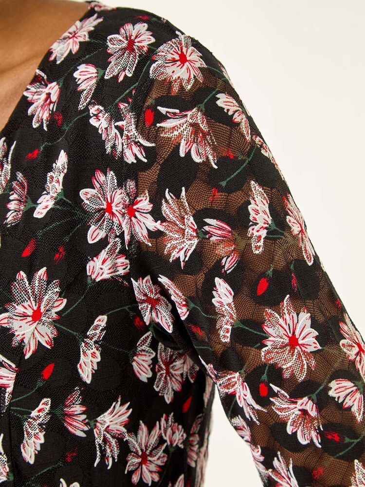 Roman Red Floral Print Lace Stretch Dress - Image 2 of 5 Roman Red Floral Print Lace Stretch Dress - Image 2 of 5