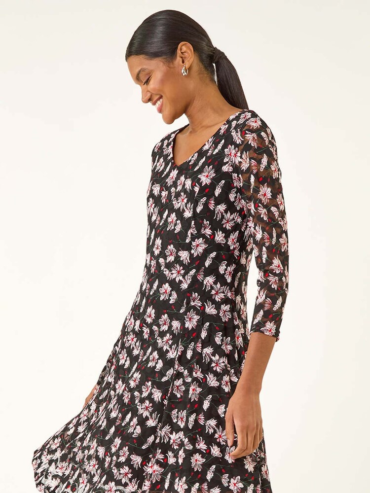 Roman Red Floral Print Lace Stretch Dress - Image 5 of 5 Roman Red Floral Print Lace Stretch Dress - Image 5 of 5