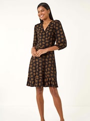 Roman Brown Leaf Print Wrap Stretch Dress - Image 1 of 5