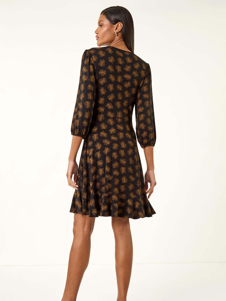 Roman Brown Leaf Print Wrap Stretch Dress - Image 2 of 5