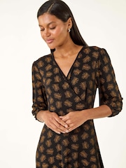 Roman Brown Leaf Print Wrap Stretch Dress - Image 4 of 5