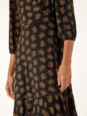Roman Brown Leaf Print Wrap Stretch Dress - Image 5 of 5