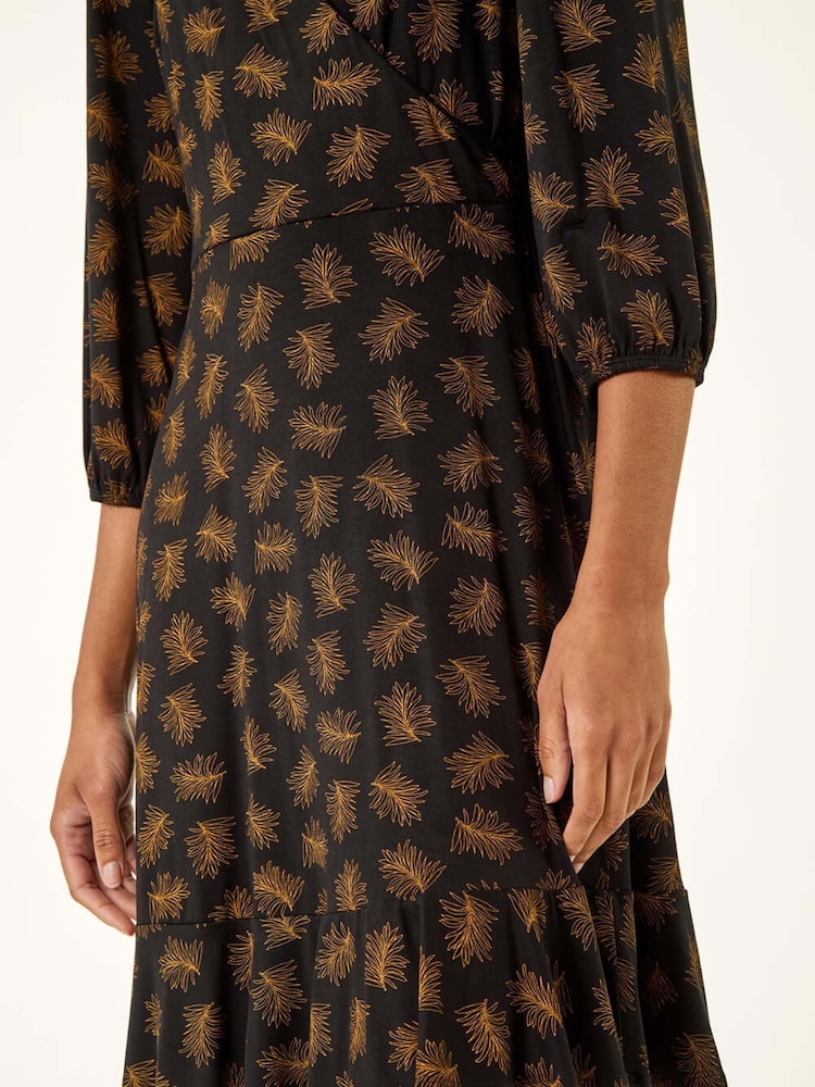 Roman Brown Leaf Print Wrap Stretch Dress - Image 5 of 5