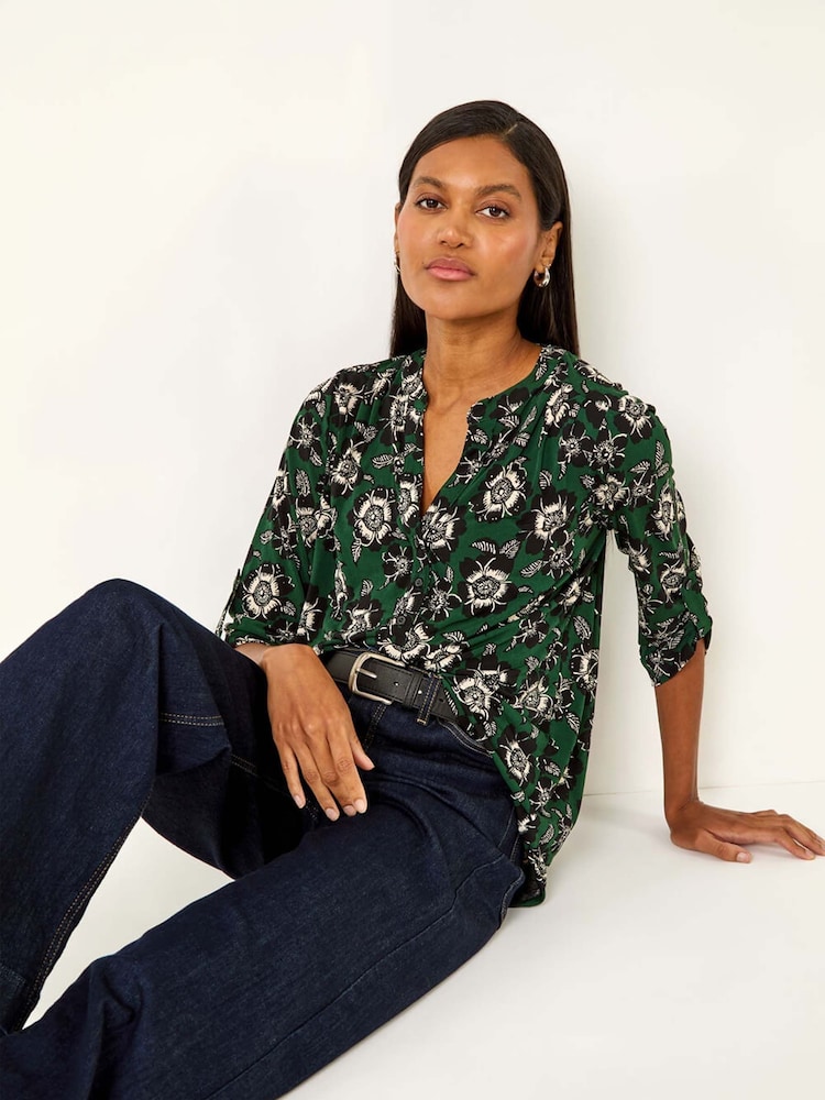 Roman Green Floral Puff Print Stretch Blouse - Image 1 of 5 Roman Green Floral Puff Print Stretch Blouse - Image 1 of 5