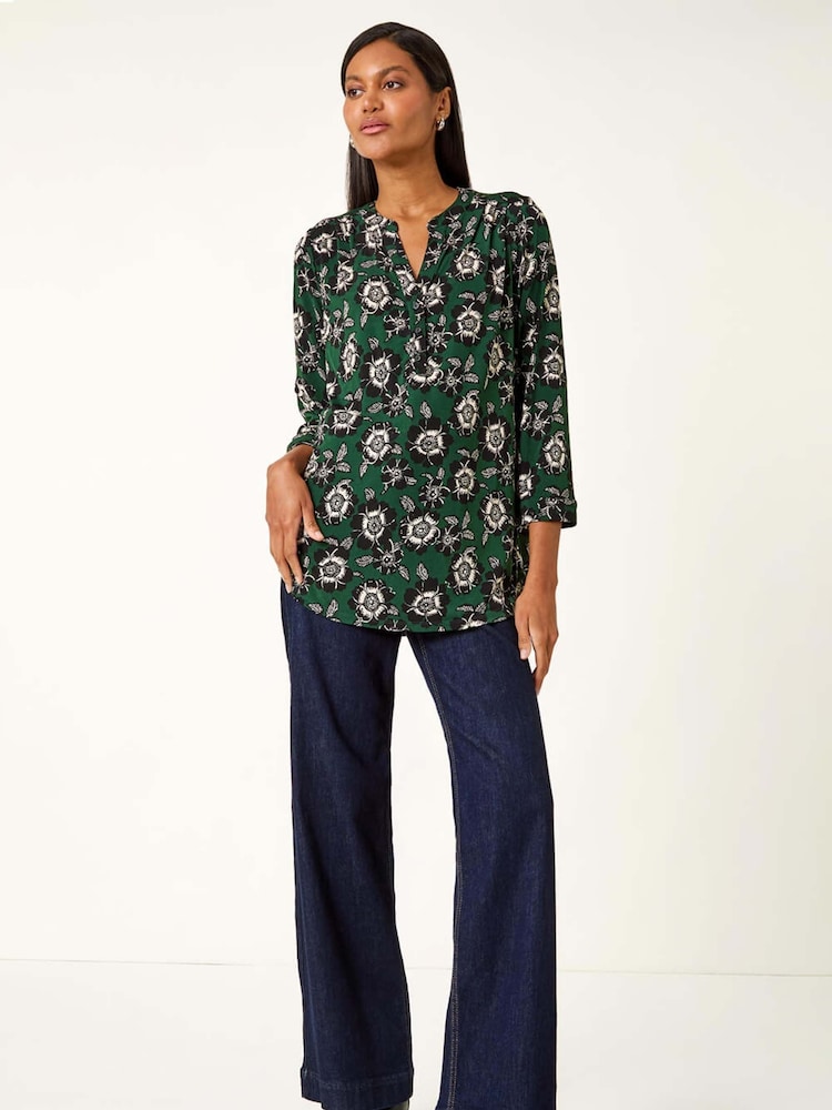Roman Green Floral Puff Print Stretch Blouse - Image 2 of 5 Roman Green Floral Puff Print Stretch Blouse - Image 2 of 5
