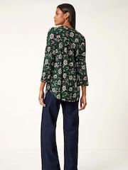 Roman Green Floral Puff Print Stretch Blouse - Image 3 of 5