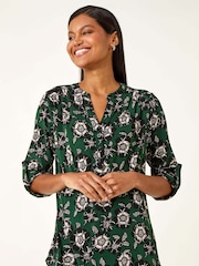 Roman Green Floral Puff Print Stretch Blouse - Image 4 of 5