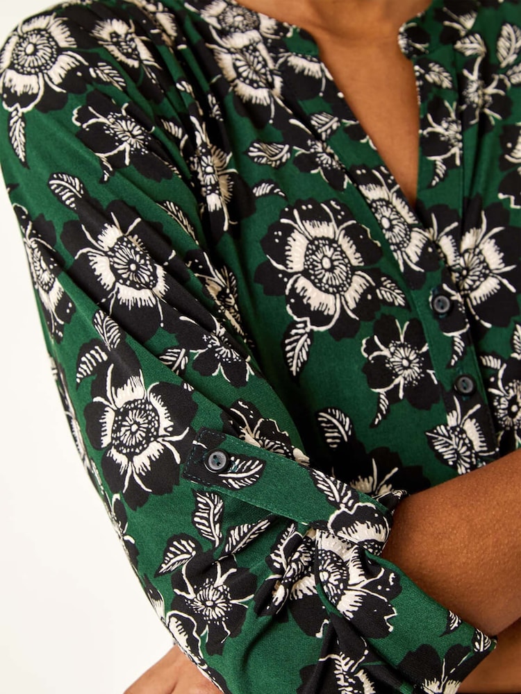 Roman Green Floral Puff Print Stretch Blouse - Image 5 of 5 Roman Green Floral Puff Print Stretch Blouse - Image 5 of 5
