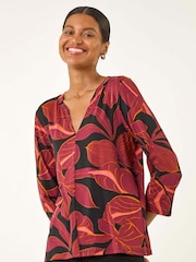 Roman Red Floral V-Neck Stretch Blouse - Image 1 of 5