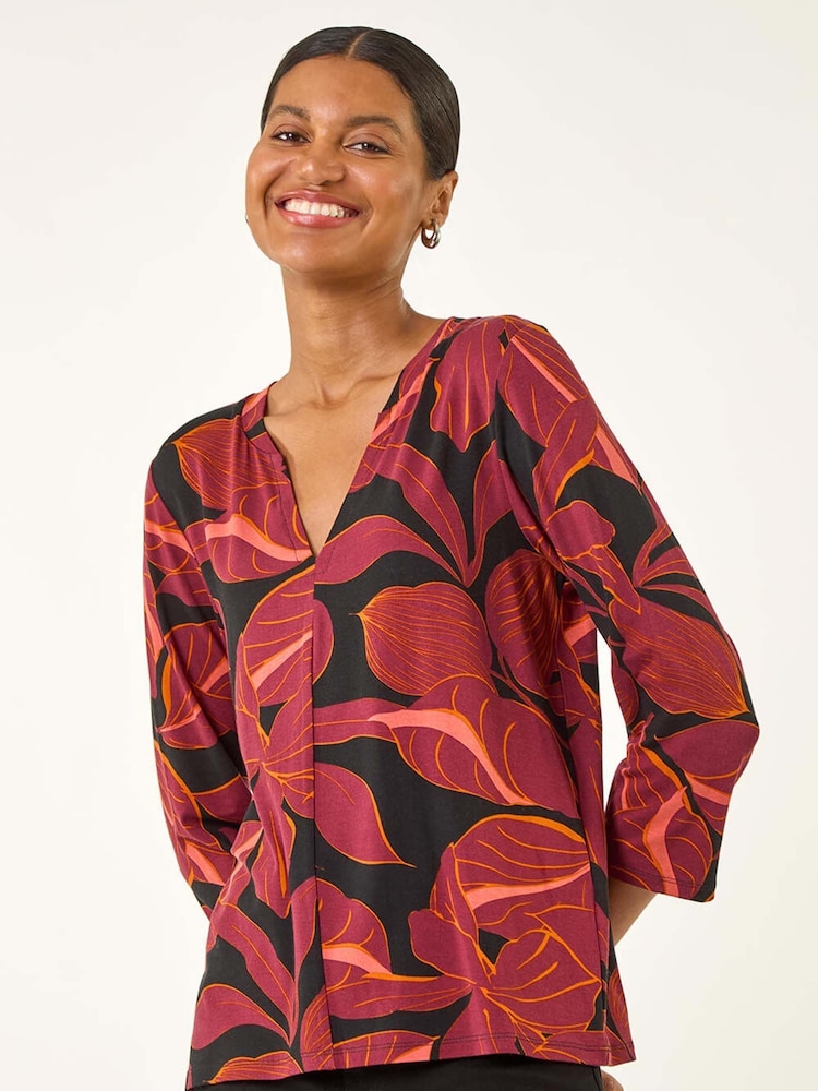 Roman Red Floral V-Neck Stretch Blouse - Image 1 of 5 Roman Red Floral V-Neck Stretch Blouse - Image 1 of 5