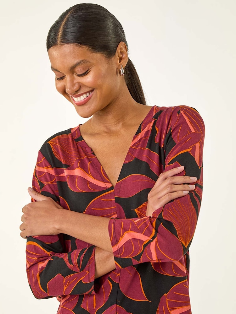 Roman Red Floral V-Neck Stretch Blouse - Image 2 of 5 Roman Red Floral V-Neck Stretch Blouse - Image 2 of 5