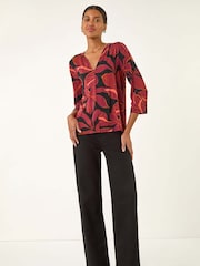 Roman Red Floral V-Neck Stretch Blouse - Image 3 of 5