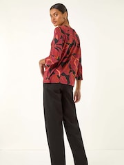 Roman Red Floral V-Neck Stretch Blouse - Image 4 of 5