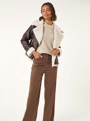 Roman Brown Contrast Aviator Fur Coat - Image 1 of 5