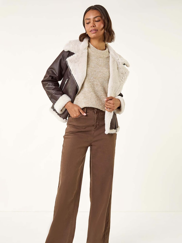 Roman Brown Contrast Aviator Fur Coat - Image 1 of 5