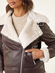 Roman Brown Contrast Aviator Fur Coat - Image 5 of 5