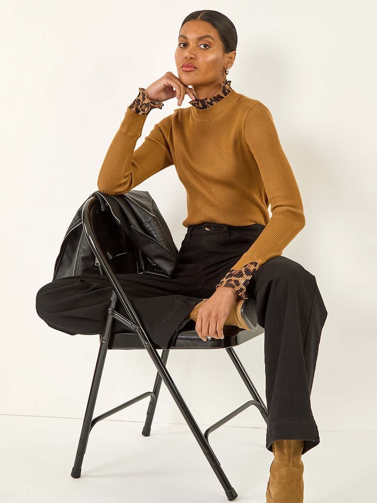 Roman Natural Leopard Ruffle Trim Jumper - Image 1 of 5 Roman Natural Leopard Ruffle Trim Jumper - Image 1 of 5